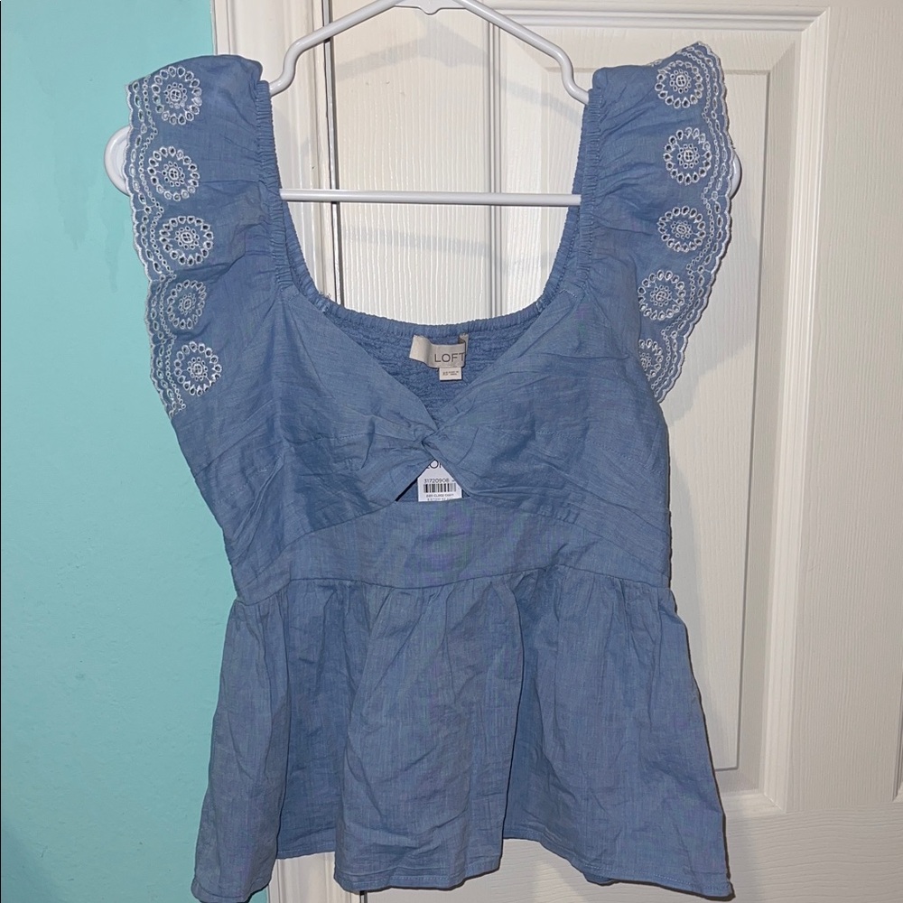 LOFT Chambray Blue Blouse with Embroidered Sleeves